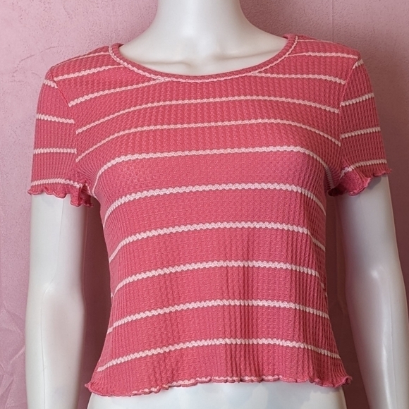 Self Esteem Pink and White Striped Waffle Knit Lettuce Hem Short Sleeve Tee M - Picture 1 of 5